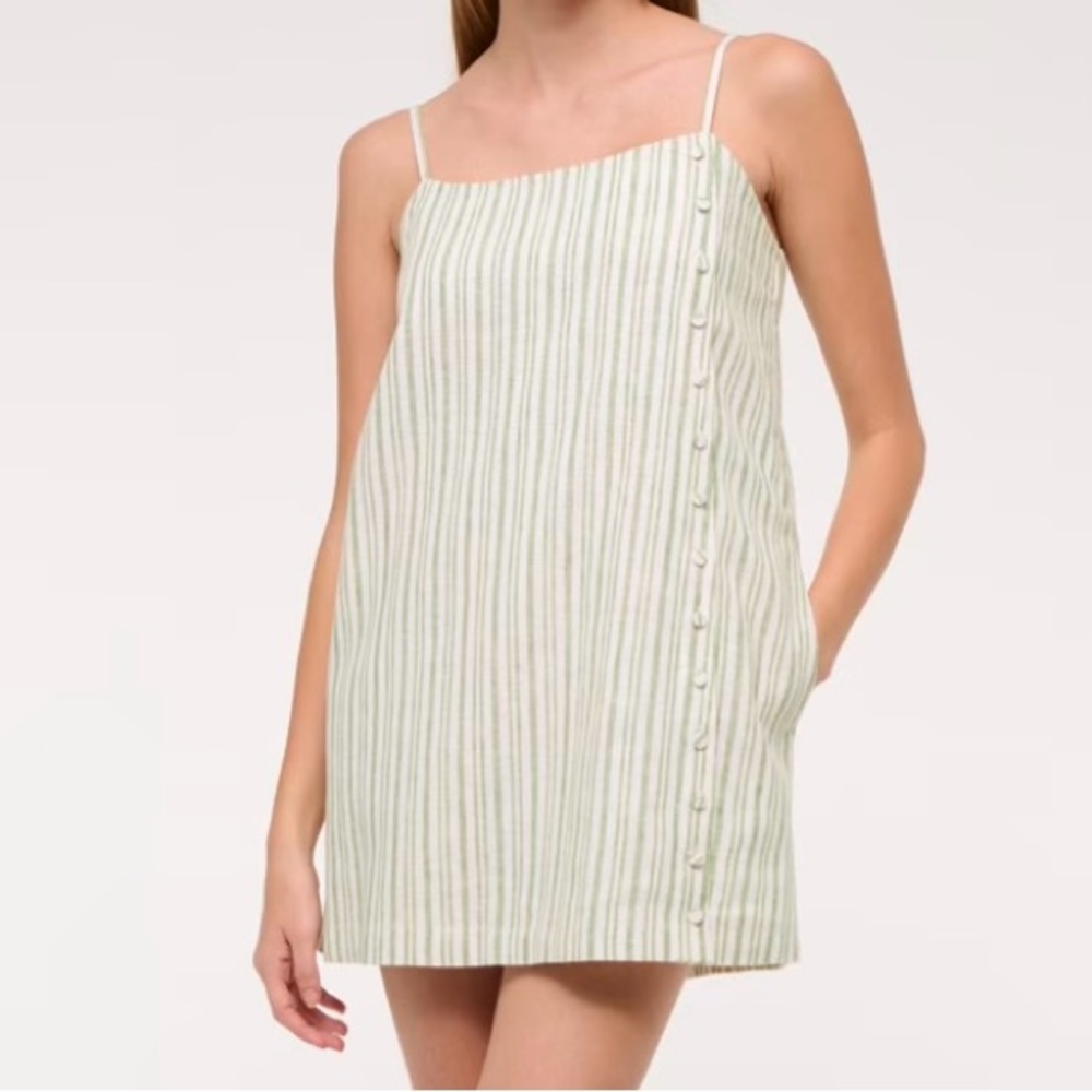 Striped Linen-Blend Dress/Skort in Light Green